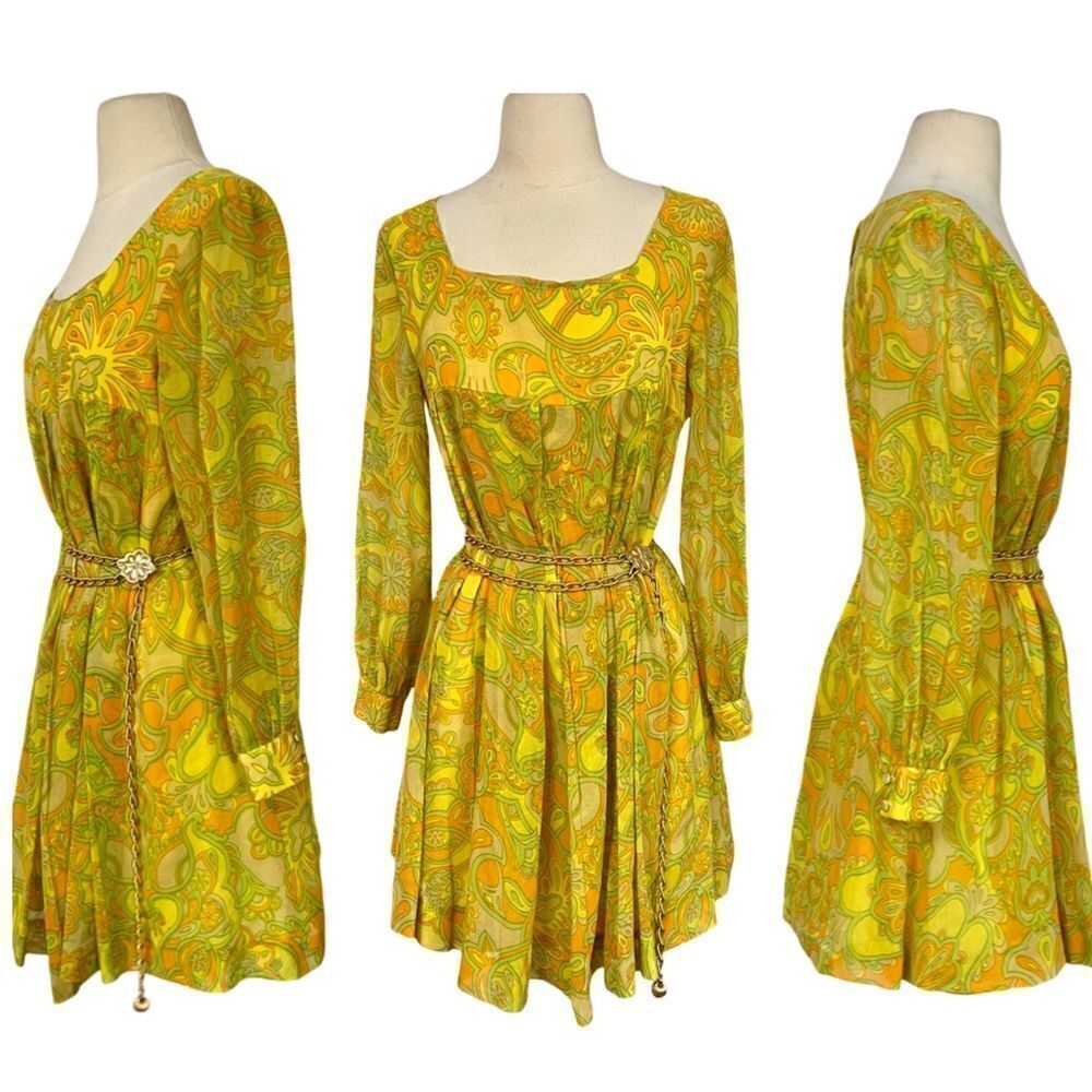 Killer Vintage 1960s 1970s Neon Psychedelic Pleated Soho Gogo Mini Dress